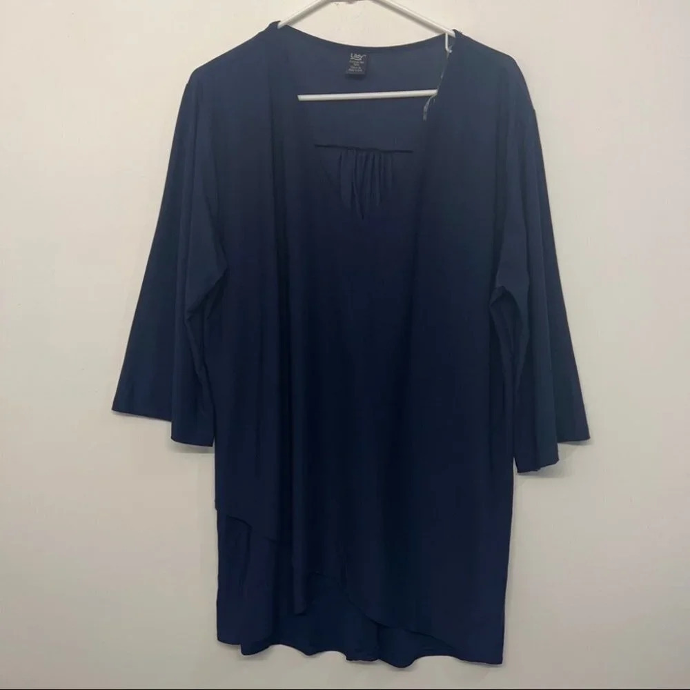 Liddy Crossover Hem Tunic Blouse‎ Navy Blue Jersey L-XL Stretchy